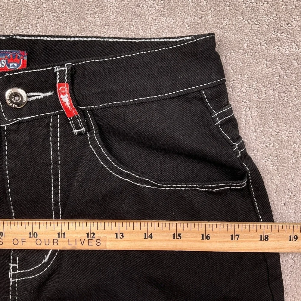 Wide Leg‎ Flaming Skull Pocket  Mens Small Black Contrast Stitch Denim Hip Hop